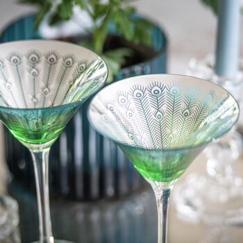 Set Of Two Electroplated Peacock Design Martini Glasses, 2 of 3