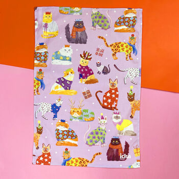 Christmas Lilac Cats Tea Towel, 3 of 4