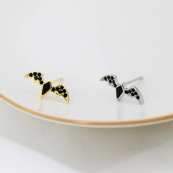 Black Cz Crystal Bat Stud Earrings In Sterling Silver, 2 of 11