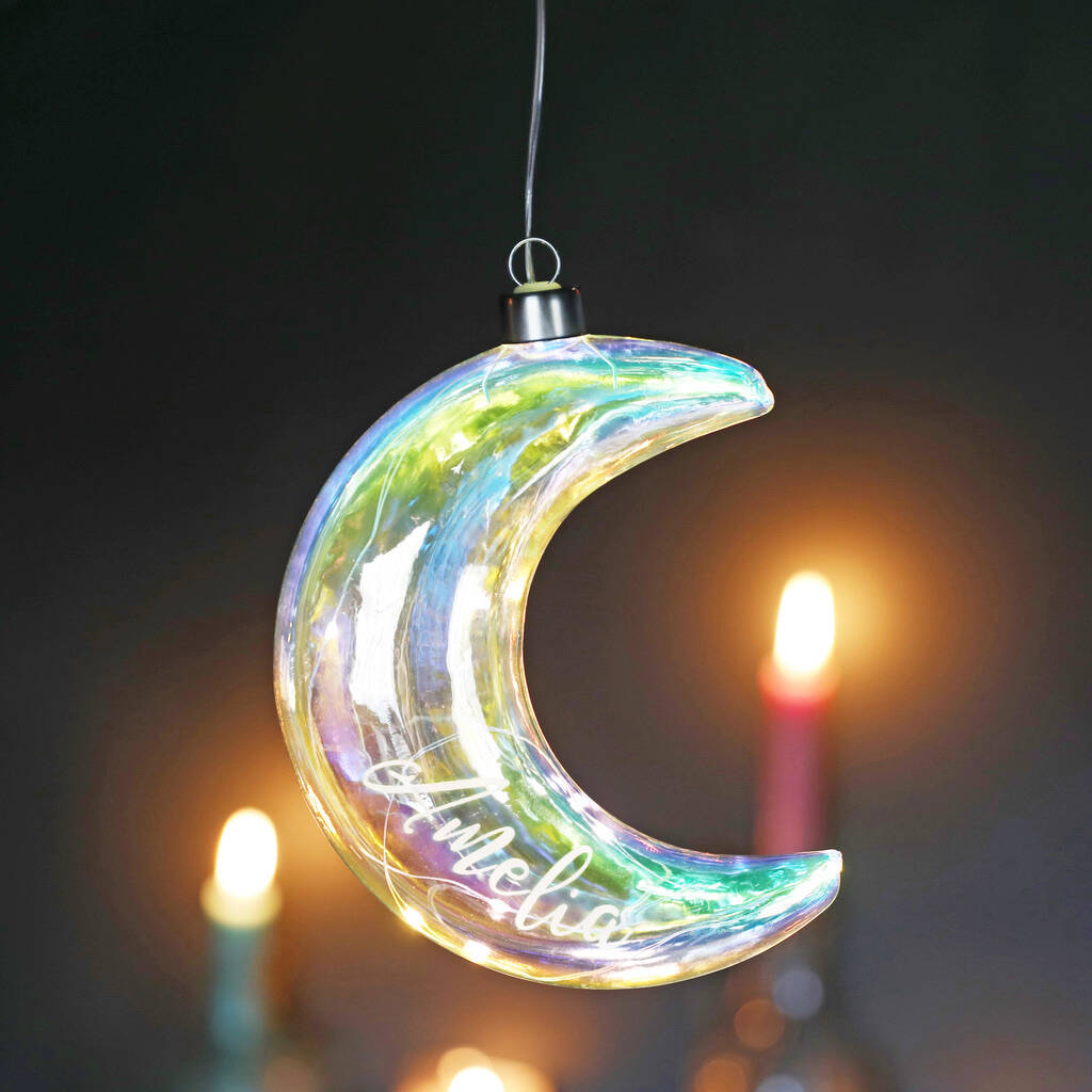 Personalised Hanging Iridescent Glass LED Moon Light, 1 of 3