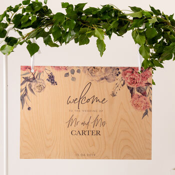 Peony Wedding Welcome Sign In Wood, 5 of 6