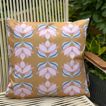 Water Resistant Garden Outdoor Cushion Lotus Flower Mustard, 3 of 4
