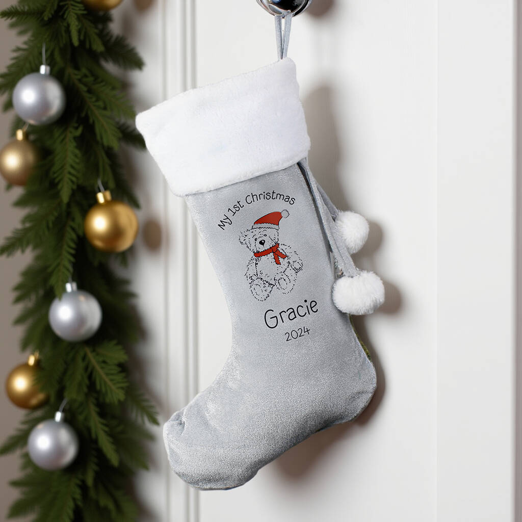 Personalised My 1st Christmas Teddy Silver Grey Stocking, 1 of 3