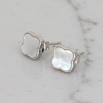 The Lucky Clover Mother Of Pearl Stud Earrings, Silver, 4 of 6