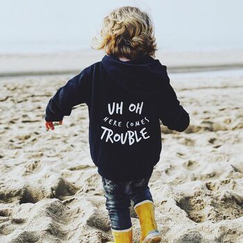 Uh Oh Here Comes Trouble Unisex Kids Zipped Hoodie, 2 of 10