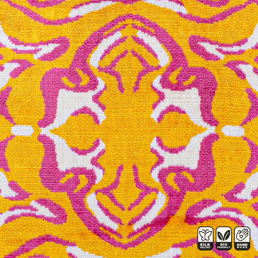 Yellow & Pink Velvet Pillow Cover with Traditional Ikat Theme | Front side is sold 100% Silk Velvet, Back side is Soft Pink Fabric | OEKO-TEX®