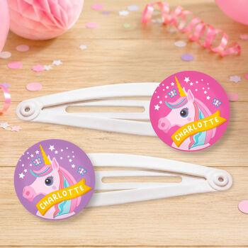 Personalised Rainbow Unicorns Birthday Hair Clips, 2 of 4