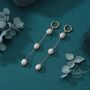 Sterling Silver Natural Oval Pearl Trio Long Dangle Huggie Hoop Earrings, thumbnail 7 of 11