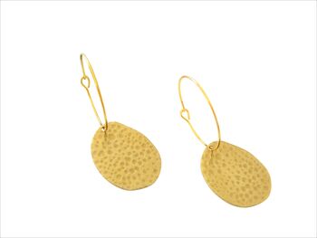 Gold Hammered Drop Everyday Hoop Earrings, 2 of 3