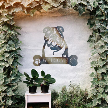 Customisable Bulldog Welcome Metal Wall Art Sign For Home And Garden Decor, 9 of 11