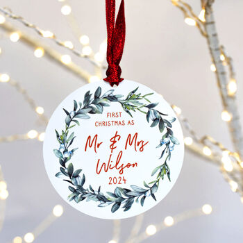 First Christmas As Mr And Mrs Personalised Mistletoe Christmas Decoration, 5 of 6