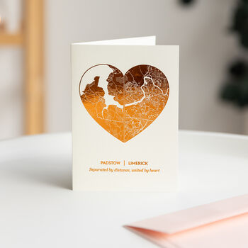 Metallic Foil Two Location Heart Map Greetings Card, 2 of 3