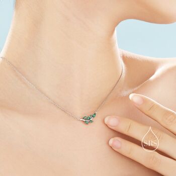 Sterling Silver Emerald Green Cz Leaf Pendant Necklace, 2 of 12