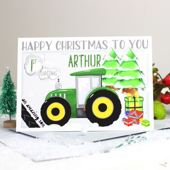 Personalised Green Tractor 1st Christmas Card, 2 of 7