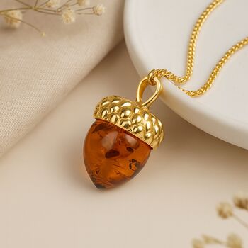 Personalised Amber Acorn Necklace In Gold Plated Silver, 4 of 9