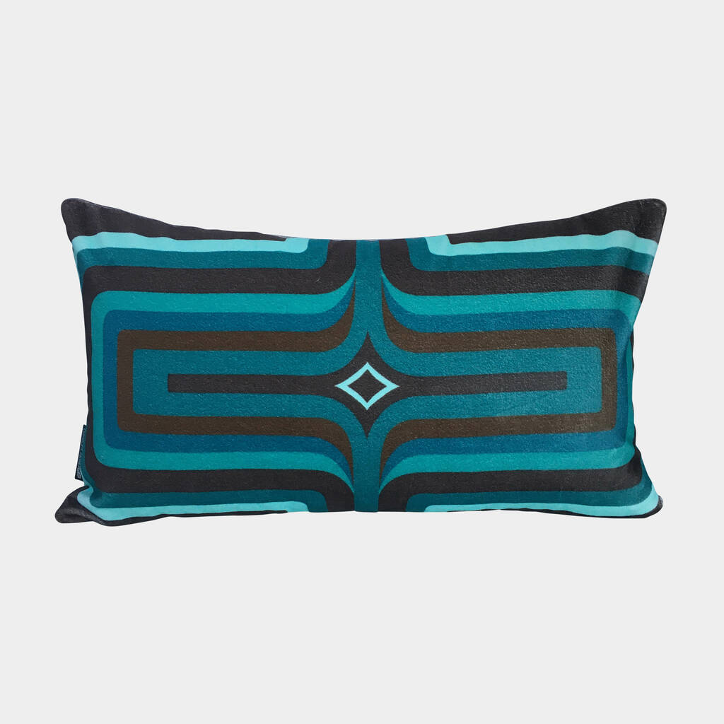 Retro Velvet Cushion, Turquoise + Brown, 1 of 3