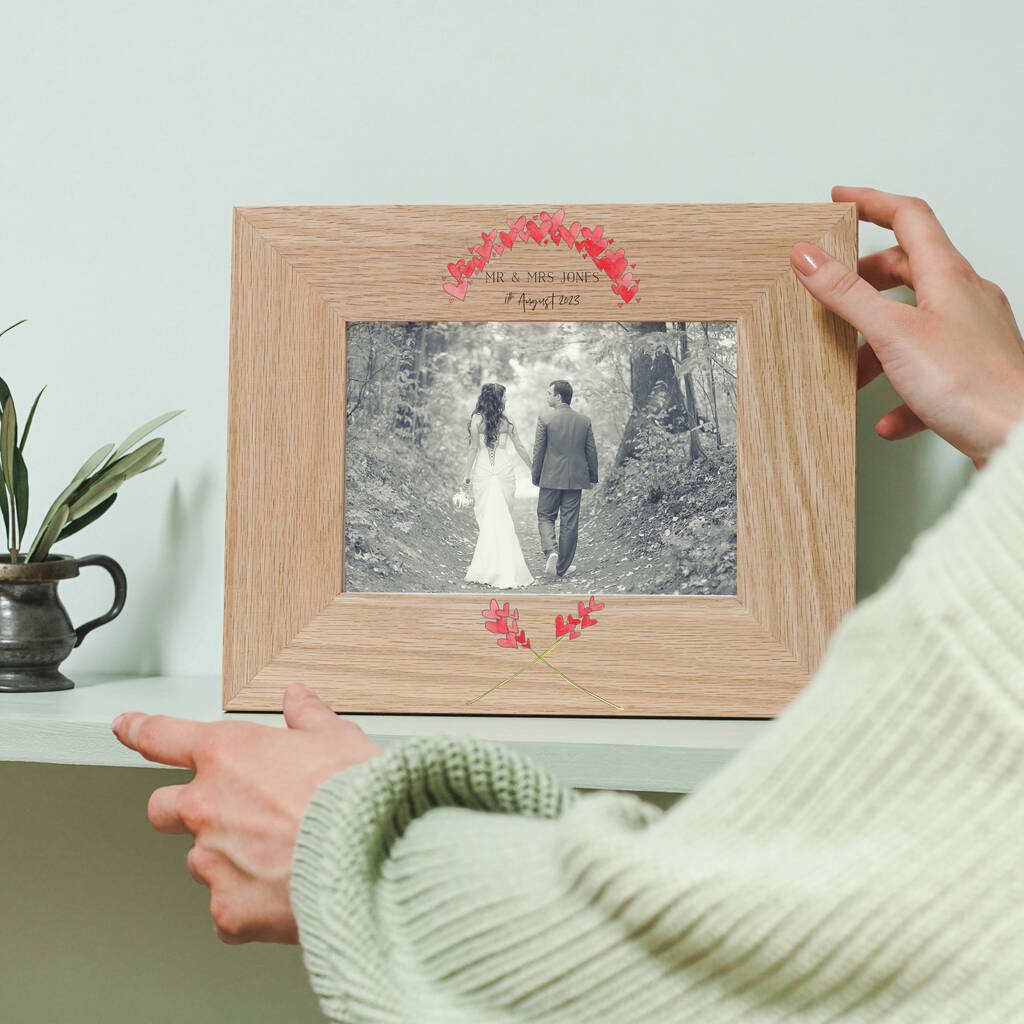 Personalised Wedding Hearts Oak Photo Frame
