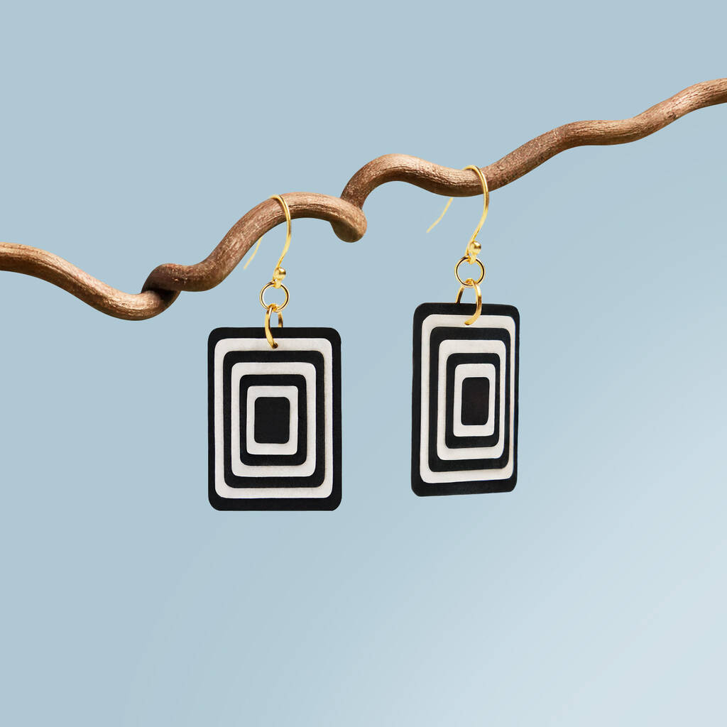 Black And White Geometric Rectangle Earrings • Gold Plated Sterling Silver Hooks, 1 of 9
