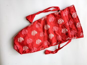 Red Soft Cotton Pouch, Drawstring Reusable Cotton Bag, Indian Kalamkari Print, 3 of 4