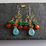 Onyx Emerald Carnelian Cluster Gold Earrings, thumbnail 4 of 5