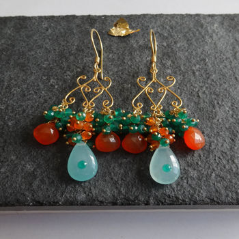 Onyx Emerald Carnelian Cluster Gold Earrings, 4 of 5