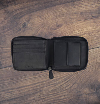Men's Black Leather Wallet Zip Around Rugged Black Leather Rfid Protected, 3 of 7