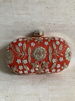 Orange Raw Silk Oval Pearl Clutch Bag, 7 of 10