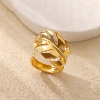 Tropical Monstera Plant Leaf Open Statement Gold/S Ilver Ring, 2 of 5