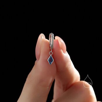 Very Tiny Rhombus Aquamarine Blue Cz Huggie Hoop In Sterling Silver, 6 of 12