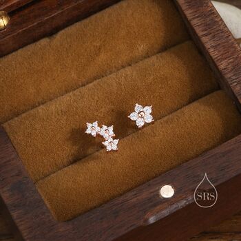 Sterling Silver Asymmetric Forget Me Not Flower Bouquet Cz Stud Earrings, 3 of 12
