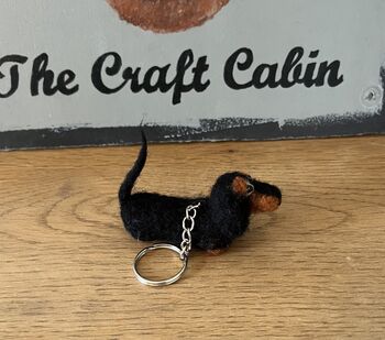 Needle Felted Handmade Tiny Dachshund Keyring/Black And Tan/Chocolate And Tan/Red, 3 of 12