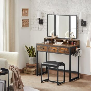 Dressing Table With Mirror, Stool, And Three Drawer, 3 of 9