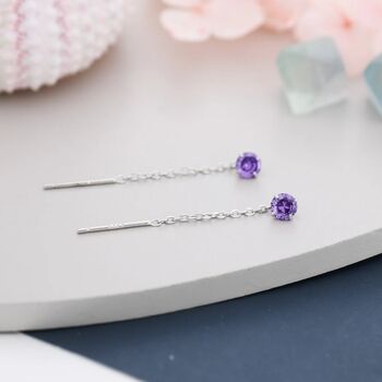 Sterling Silver Amethyst Purple Cz Threader Earrings, 3 of 10