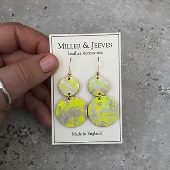 Neon And Silver Double Disc Leather Earrings, 2 of 3