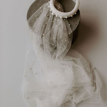 Pearl Embellished Tulle Waterfall Wedding Veil, 4 of 9
