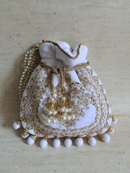 White Velvet Handcrafted Luxury Potli/Wrist Bag, 2 of 7