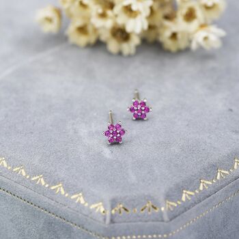 Pair Of Very Tiny Ruby Pink Cz Flower Stud Earrings In Sterling Silver, 7 of 12