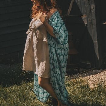 Turquoise Leaf Print Viscose Kimono, 2 of 4