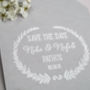 Grecian Wedding Save The Date Wreath Stamp, thumbnail 2 of 7