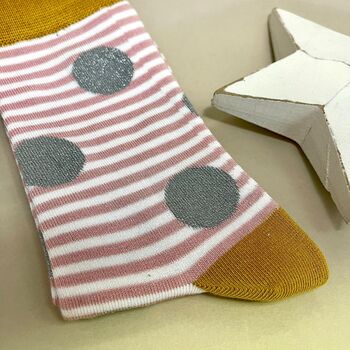 Bamboo Sparkle, Spots And Stripes Socks In Dusky Pink, 2 of 3