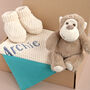 Personalised Luxury Ivory Knitted Blanket, Booties And Monkey Gift Box, thumbnail 5 of 12