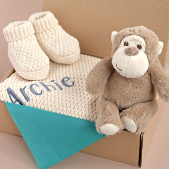 Personalised Luxury Ivory Knitted Blanket, Booties And Monkey Gift Box, 5 of 12