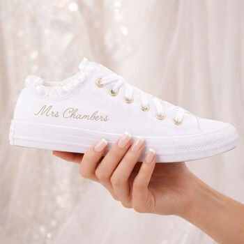 Personalised Bridal Converse Trainers – Custom Name Wedding Sneakers With Lace Trim, 2 of 2
