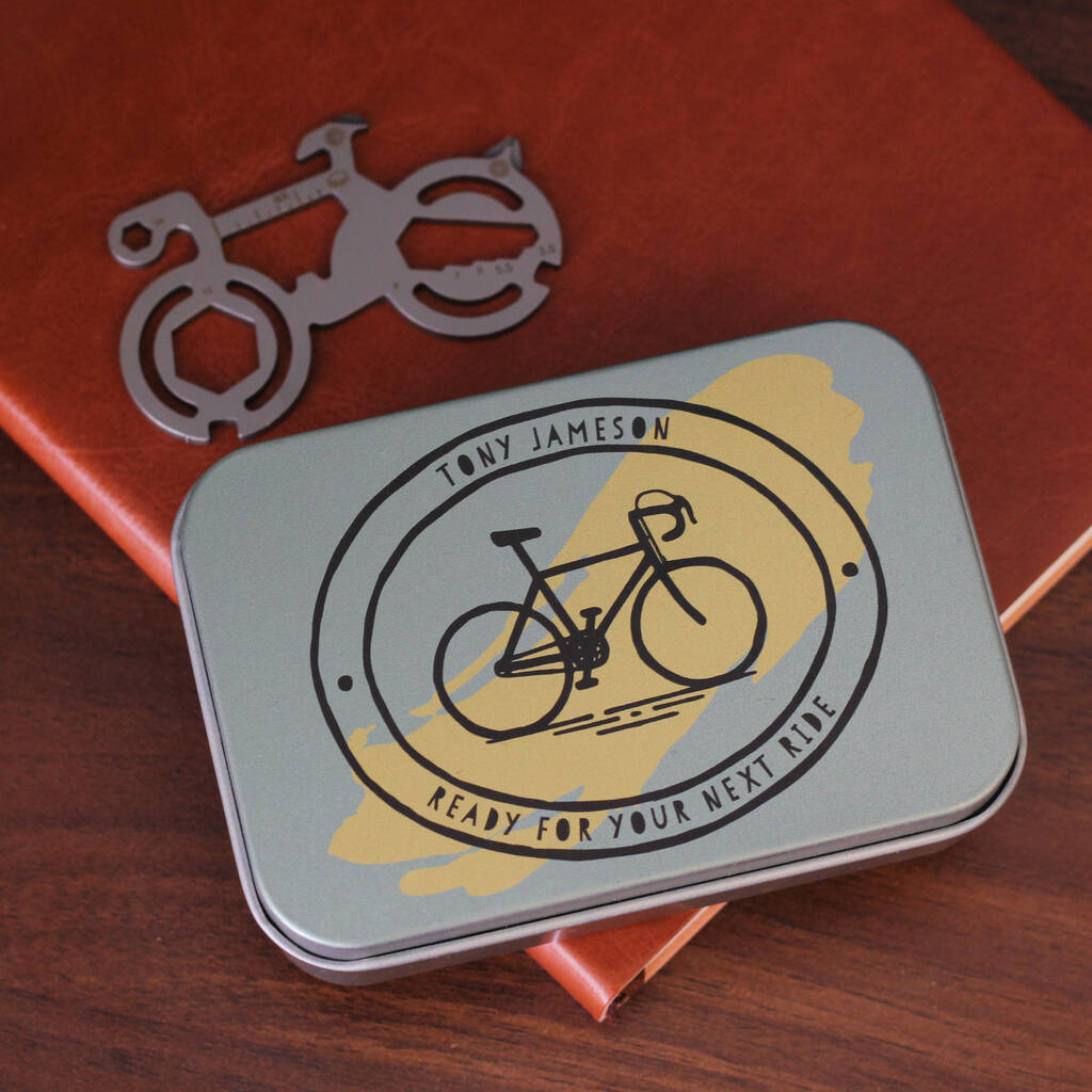 Personalised Hand Drawn Cycling Bike Tool Tin Gift, 1 of 11