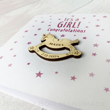 New Baby Congratulation Card. Its A Girl! With A Personalised Wooden Rocking Horse, 2 of 3