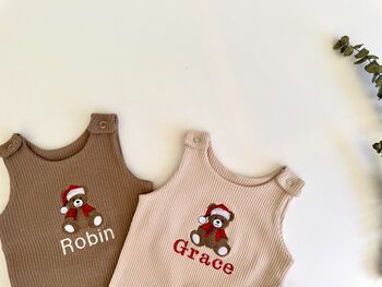 Personalized Festive Bear Baby Dungarees Romper | Custom Embroidered Christmas Outfit | Newborn First Christmas Gift, 2 of 9