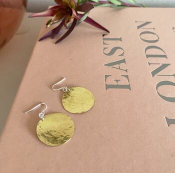 Hammered Brass Moon Earrings, 2 of 3