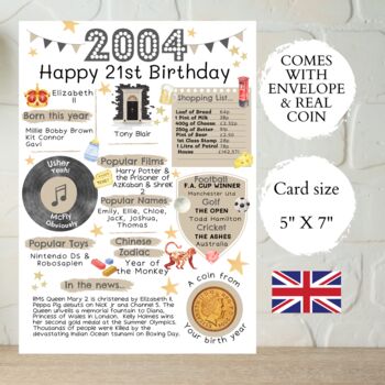 21st Birthday Card With 2004 Coin And Envelope Choose Your Colour, 2 of 3