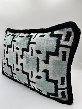 Modern, Oblong, Velvet, Ikat, Cushion With Black Silk Tassels Blue, Black And Silver Abstract Design, 2 of 6