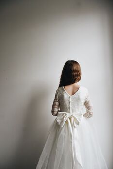Long Sleeve Flower Girl Dress – Pearl Buttons And Tulle Skirt Ankle Length, Handmade UK, 6 of 8